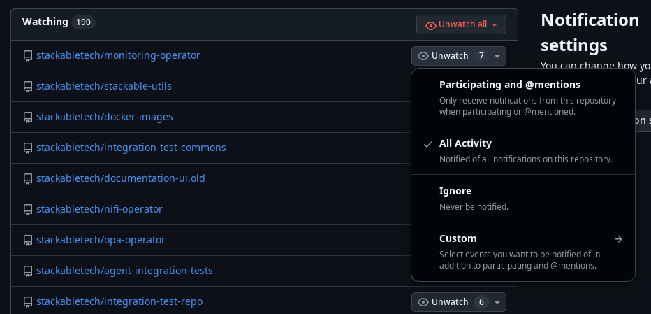 A screenshot of GitHub's list of watched repositories, highlighting the drop-down menu required to change any setting.