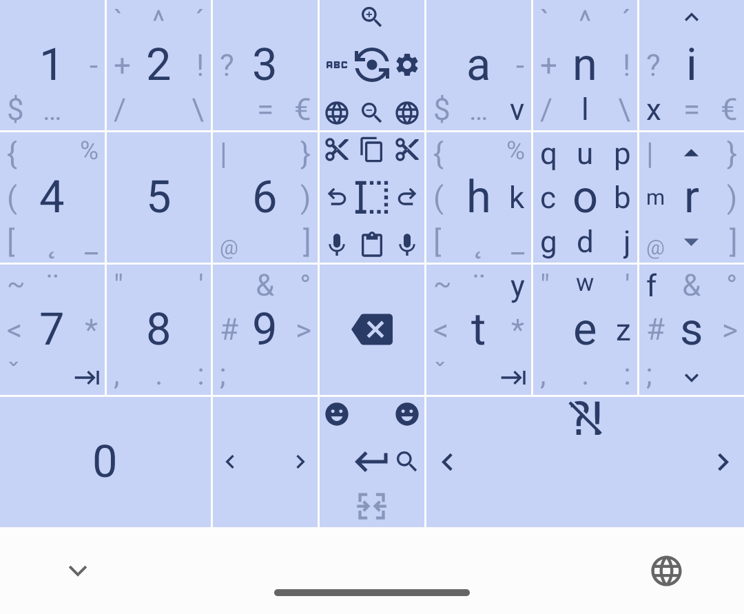 A screenshot of FlickBoard. The screenshot shows its double-sided mode, with two 3x3 character grids separated by a control column. There's also still a spacebar row underneath.